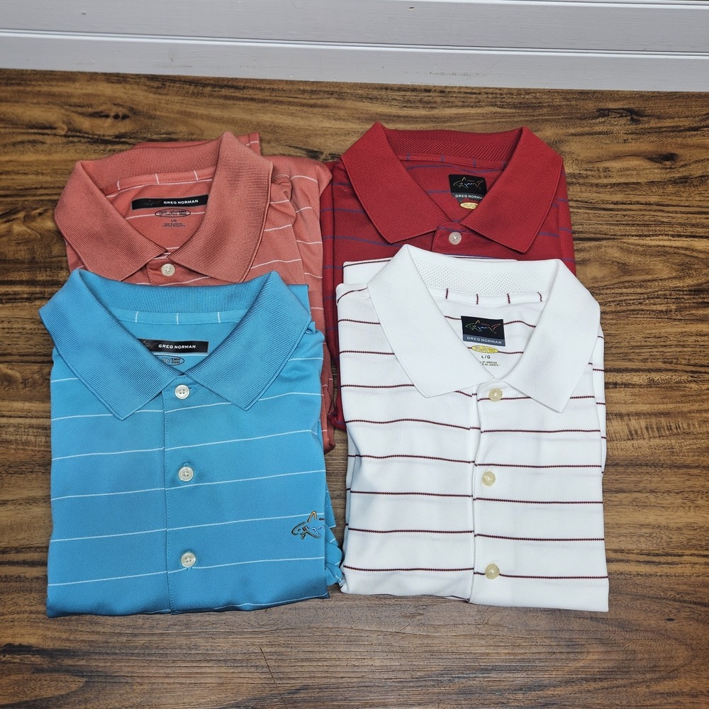 Lot of 4 Greg Norman Mens Golf Polos Size L Short Sleeve Striped Play Dry Shirts